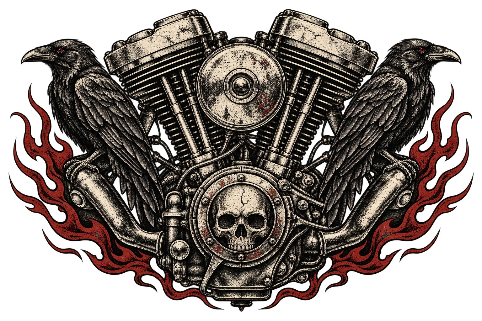 Engraved twin-cylinder motorcycle engine flanked by ravens and flame